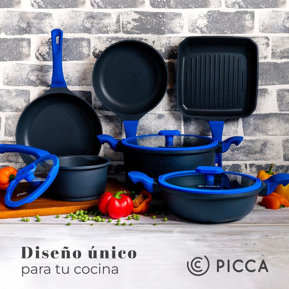 Batería De Cocina 9 Pzas Mármol Gris Y Azul - Picca - Cemaco