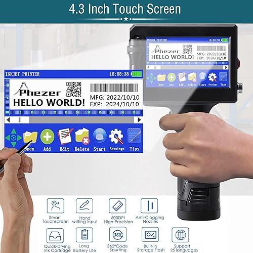 Phezer P15 Handheld Inkjet Printer for Any Surface 0.5 Inch Nozzle for