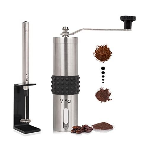 Vina Manual Stainless Coffee Grinder Milk Frother Set with Adjustable  Ceramic