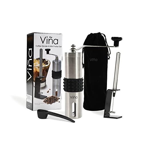 Vina Manual Stainless Coffee Grinder Milk Frother Set with