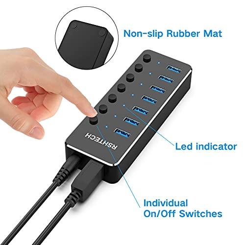 USB 3.0 Hub, RSHTECH 7 Port Powered USB Hub Expander Aluminum USB 3.0 Data  Port hub with Universal 5V AC Adapter and Individual On/Off Switches USB