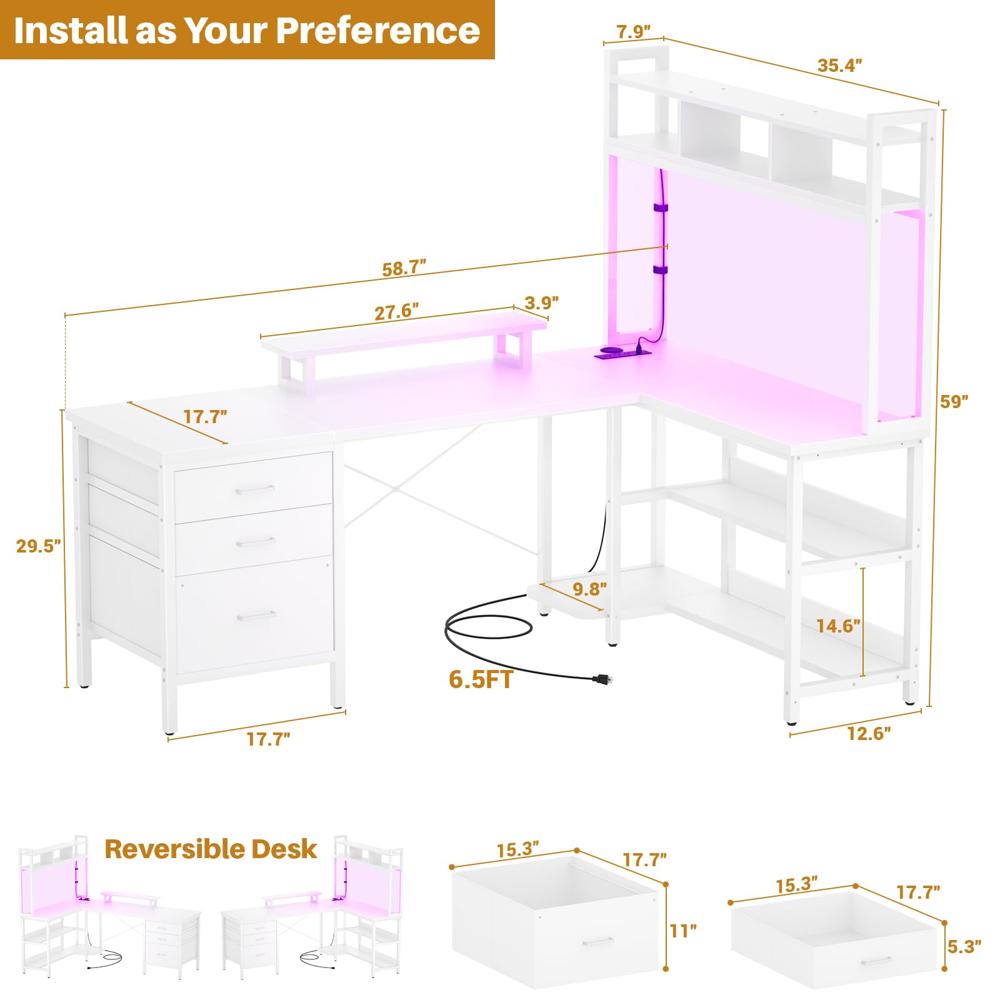 Aheaplus L Shaped Gaming Desk with Hutch, Gaming Desk with Led Lights ...