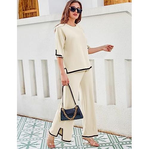 Tanming Sweater Sets Women 2 Piece Lounge Sets Short Sleeve Knit Pullover  Tops Wide Leg Pants
