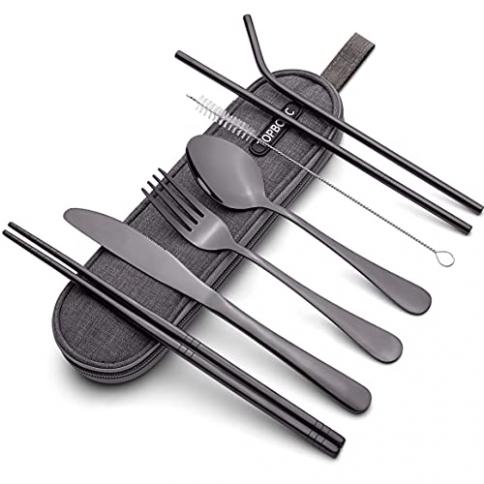 Juego de cubiertos portátiles de acero inoxidable de 6 piezas, juego de  cubiertos reutilizables de viaje, incluye cuchillo, tenedor, cuchara