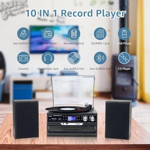 Jorlai Vinyl Multifunction Record Player Bluetooth Vintage Turntable 3 ...
