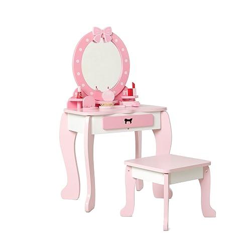 Woodenland Wooden Kids Vanity Set with Mirror and Stool, Princess