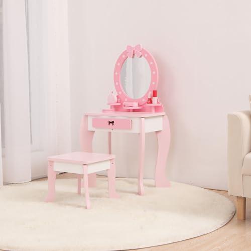Woodenland Wooden Kids Vanity Set with Mirror and Stool, Princess