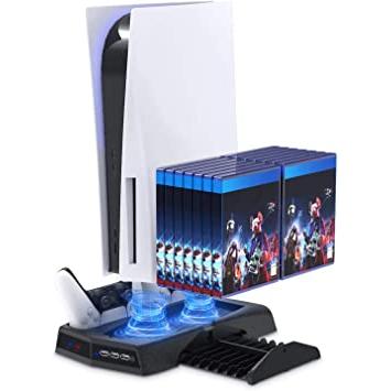  Soporte PS5 y estación de refrigeración con cargador  controlador para consola Playstation 5, estación de carga rápida de 2 horas  para controlador PS5, accesorios de PS5 con ventilador de refrigeración de