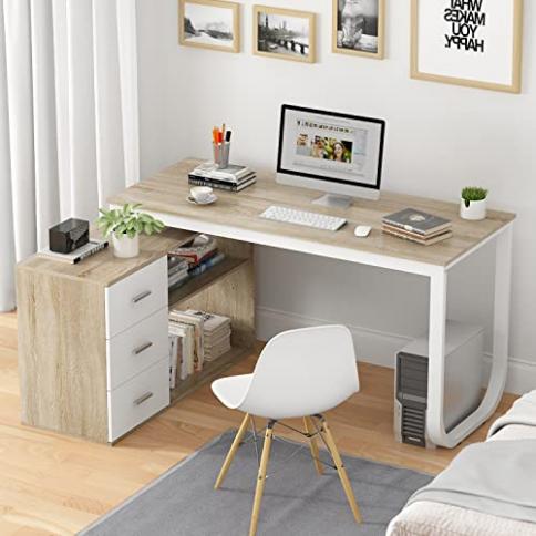 Homsee Escritorio de esquina para computadora de oficina en casa con 3  cajones y 2 estantes, mesa de estudio grande en forma de L de 55 pulgadas  con