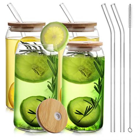 Glass Cups with Bamboo Lids and Glass Straw, Beer Can Shaped Drinking Glasses, Iced Coffee Glasses Ideal for Whiskey, Soda, Tea, Water, Gift (4 Pack