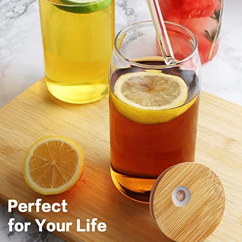 4pcs, 16 oz Beer Can Shaped Glass Cups with Bamboo Lids and Glass Straws -  Perfect for Smoothies, Boba Tea, Whiskey, Water, and More - Ideal Gift