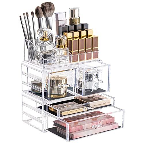  XYXH Caja organizadora de cosméticos de maquillaje, caja  organizadora de almacenamiento de maquillaje con 3 cajones, caja de  almacenamiento de cosméticos de gran capacidad, multifunción para tocador y  encimera de baño 