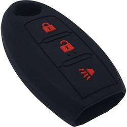 2Pcs Silicone 3 Buttons Key Fob Cover Remote Case Keyless Protector Compatible with Nissan Armada Frontier Pathfinder Juke Leaf Murano Quest Rogue Sentra Titan Versa Xterra Cube X-Trail KBRASTU15 - Color Black with Red