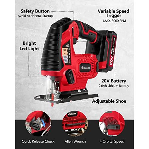AVID POWER Cordless Jig Saw, 20V Jigsaw with 2.0A LithiumIon Battery