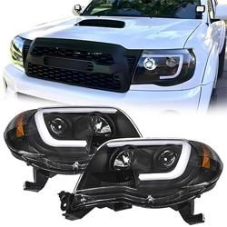 LABLT Replacement for 2005-2011 Tacoma Black Smoked LED Tube Projector Headlights Headlamps Assembly Left+Right