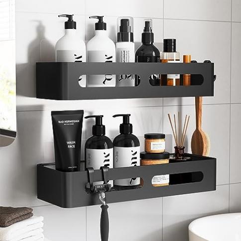 Corner Shower Shelf - with Hooks Bathroom Organizer Storage Rack for  Shampoo Conditioner, No Drilling RustProof Stainless Adhesive Basket Shelf