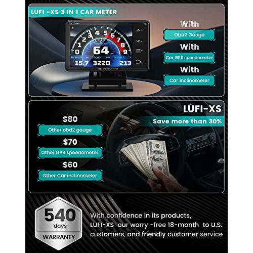 Lufi Xs Obd2 Gauge Display, GPS Speedometer,car inclinometer, Boost Gauge,  RPM Meter, Multifunction Heads up Display Cluster