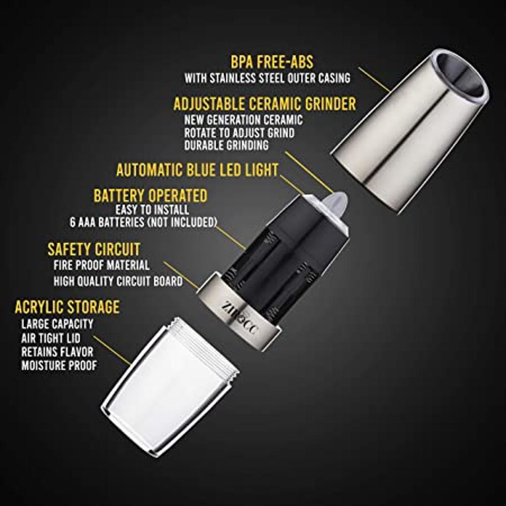 Sangcon Juego de molinillo eléctrico de sal y pimienta, interruptor de  seguridad y gravedad, funciona con pilas con luz LED, grosor ajustable