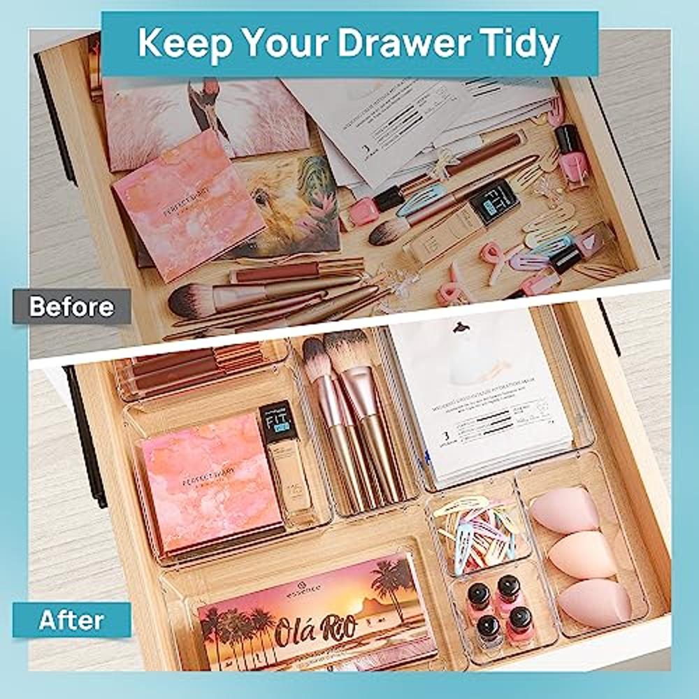 Vtopmart 25 PCS Clear Plastic Drawer Organizers Set, 4-Size Versatile  Bathroom and Vanity Drawer Organizer Trays, Storage Bins for Makeup,  Bedroom