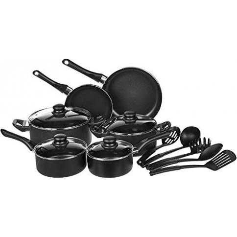 Basics Juego de utensilios de cocina de hierro fundido pre-sazonado  de 5 piezas, ollas y sartenes, negro, 14.17 x 12.2 x 10.63 pulgadas