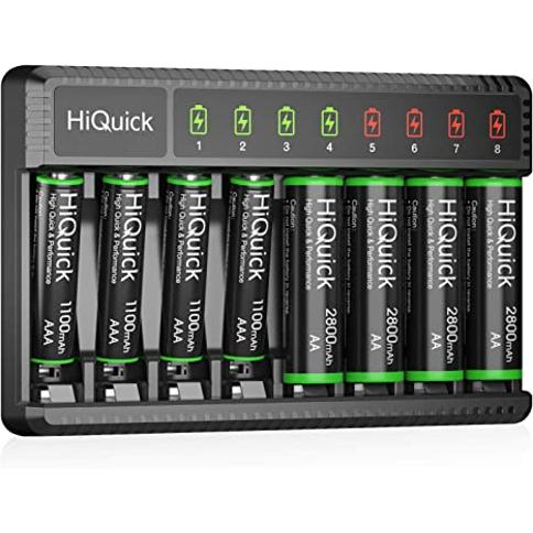 HiQuick Cargador de batería inteligente de 8 bahías con pilas recargables AA  y AAA, cargador de