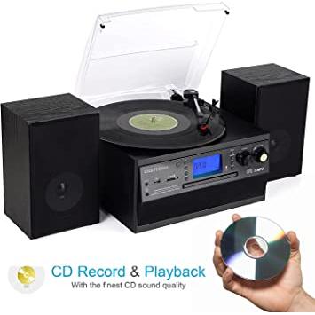 Reproductor de discos de vinilo Bluetooth con altavoces de sonido mejorado,  tocadiscos USB y SD, fonógrafo vintage de 3 velocidades, bocina portátil