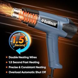 ROMECH 1500W Heavy Duty Heat Gun, Variable Temperature Control Hot Air Gun Kit with 2 Air Flow 120°F~1200°F and 4 Nozzles for Crafts Shrink Wrap (Blue) - Color Blue