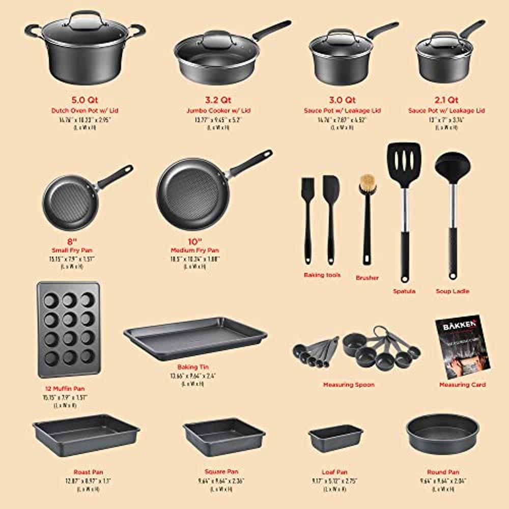 bakken- swiss cookware set - 23 piece -gold multi-sized cooking pots with  lids, skillet fry pans