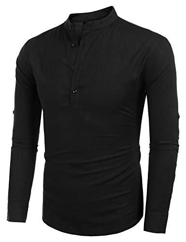 Coofandy Mens Cotton Linen Henley Shirt Long Sleeve Hippie Casual Beach T Shirts Black Precio