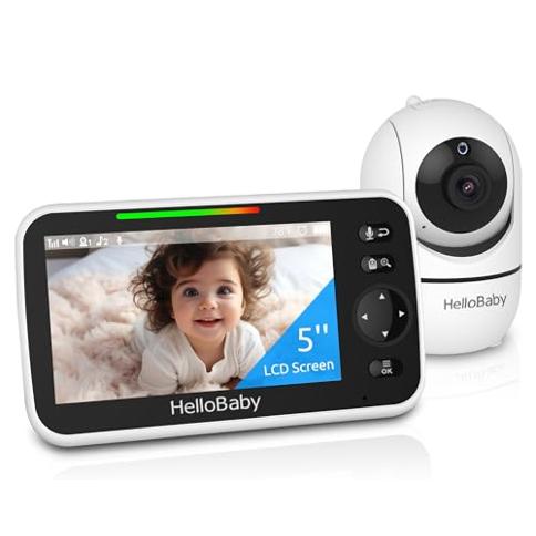 HelloBaby Monitor con cámara y audio, pantalla de 5 pulgadas con  transmisión de video de 16 horas, cámara remota con zoom panorámico,  conversación