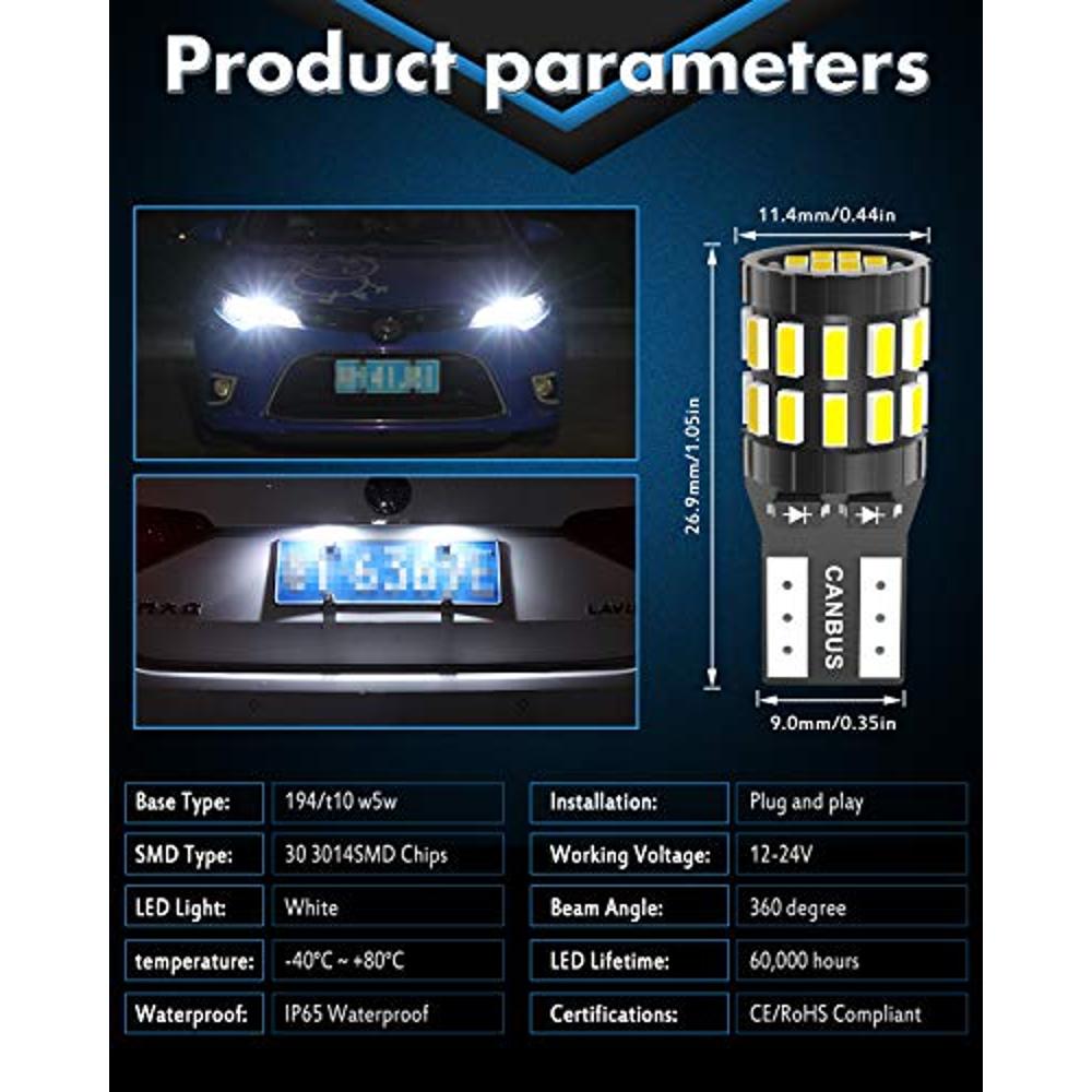 Paquete de 2 bombillas LED para automóvil T10 W5W 192 921 168 3030 3SMD  para automóvil, 9-30 V CC para indicador de marcador lateral, luz de  matrícula
