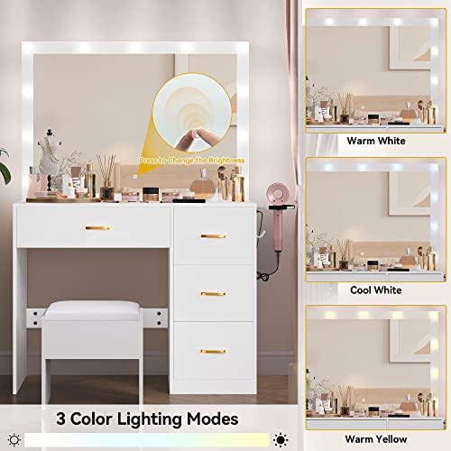DWVO Makeup Vanity with Large Lighted Mirror, Vanity with Power Outlet, 3 Color Lighting Modes