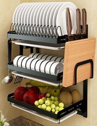 Supfirm Wall Mounted Stainless Steel Dish Drying Rack Fruit Vegetable Storage Basket with Drainboard and Hanging Chopsticks Cage Knife Holder Kitchen Supplies Shelf Utensils Organizer (3-Tier) - Color 3-tier Dish Rack