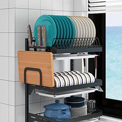 Supfirm Wall Mounted Stainless Steel Dish Drying Rack Fruit Vegetable Storage Basket with Drainboard and Hanging Chopsticks Cage Knife Holder Kitchen Supplies Shelf Utensils Organizer (3-Tier) - Color 3-tier Dish Rack