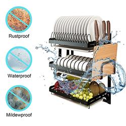 Supfirm Wall Mounted Stainless Steel Dish Drying Rack Fruit Vegetable Storage Basket with Drainboard and Hanging Chopsticks Cage Knife Holder Kitchen Supplies Shelf Utensils Organizer (3-Tier) - Color 3-tier Dish Rack