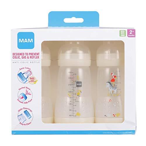 MAM Easy Start Anti-Colic Bottle 9 oz (3-Count), Baby Essentials, biberones  de flujo medio con pezón de silicona, biberones para bebé, diseños /  colores que pueden variar : Bebés 