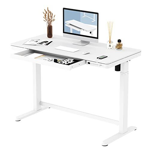  FARRAY Escritorio eléctrico de pie de cristal con cajón,  escritorio de altura ajustable de 45 x 24 pulgadas con regleta de  alimentación y puertos USB, escritorio de pie blanco, escritorio de
