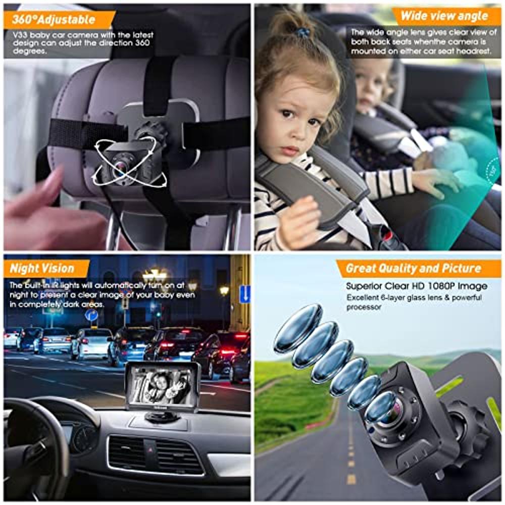 DoHonest Baby Car Camera HD 1080P: 360 Rotating Plug and Play Easy Install  3 Mins Rear Facing Car Baby Monitor with Camera Crystal Night Vision  Backseat Camera Two Kids -V 