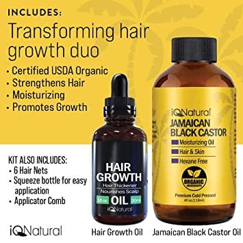 IQ Natural Aceite de ricino negro jamaicano para el crecimiento del cabello  y acondicionamiento de la piel, 100% puro prensado en frío, aceite para