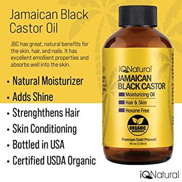 IQ Natural Aceite de ricino negro jamaicano para el crecimiento del cabello  y acondicionamiento de la piel, 100% puro prensado en frío, aceite para