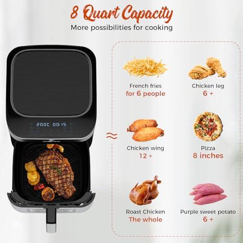 Kitchen Elite Air Fryer with 360° turbo airflow technology, 8 Preset  Functions, 8 Qt Family Size with Probe Thermometer,Nonstick Square Air Fryer  Basket with Window, Auto Shut Off Feature, Black 
