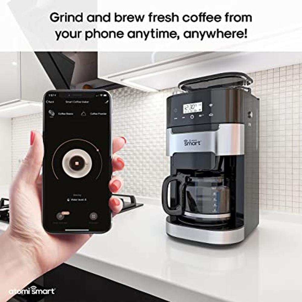 atomi smart Cafetera con molinillo de rebabas, WiFi, activada por voz, 8  ajustes de molienda, jarra de vidrio de 12 tazas, filtro reutilizable y  lavable, compatible con Alexa y Google Assistant 