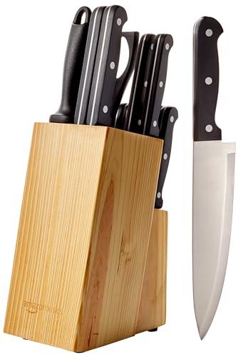 Basics 18-Piece Premium Kitchen High-Carbon Stainless Steel Blades  with Pine Wood Knife Block Set, Black