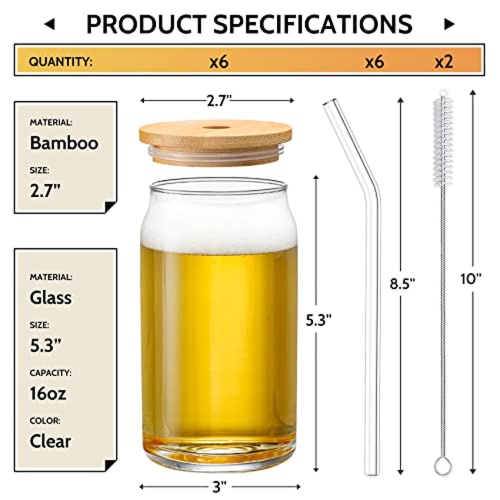 Set de 6 vasos con tapa de bambú y pajita de vidrio de 16 oz en forma de  lata