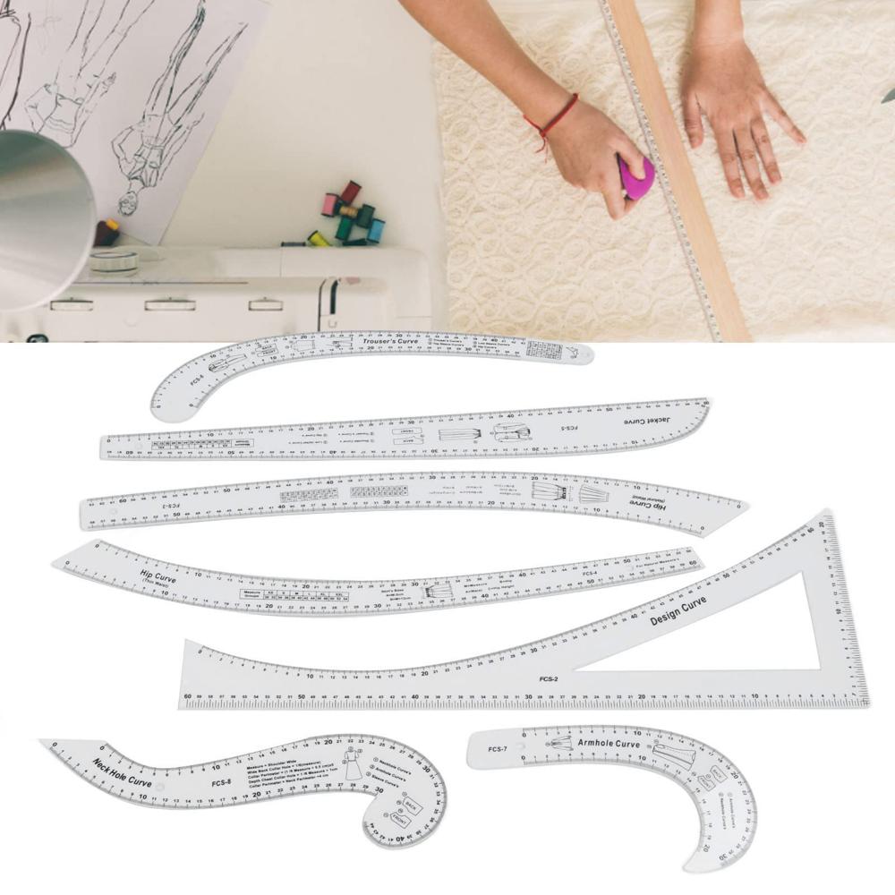 Jiawu 7Pcs Fashion Clear Metric Sewing Ruler Set, French Curve Pattern Ruler Kit for Beginners