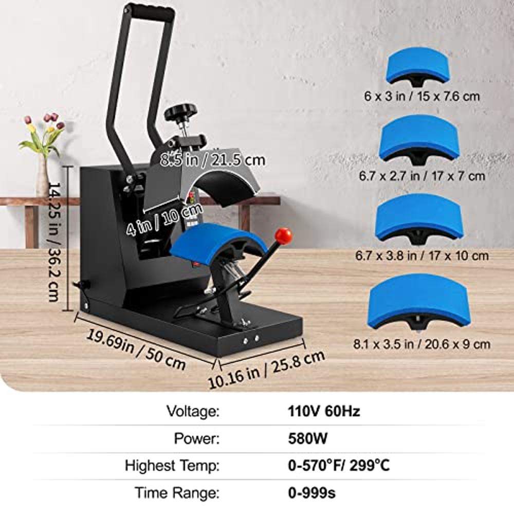 VEVOR Hat Heat Press, 4-in-1 Cap Heat Press Machine, 6x3inches Clamshell  Sublimation Transfer, LCD Digital Timer Temperature Control with 4pcs  Curved Heating Elements (6x3/6.7x2.7/6.7x2.7/8.1x3.5) 