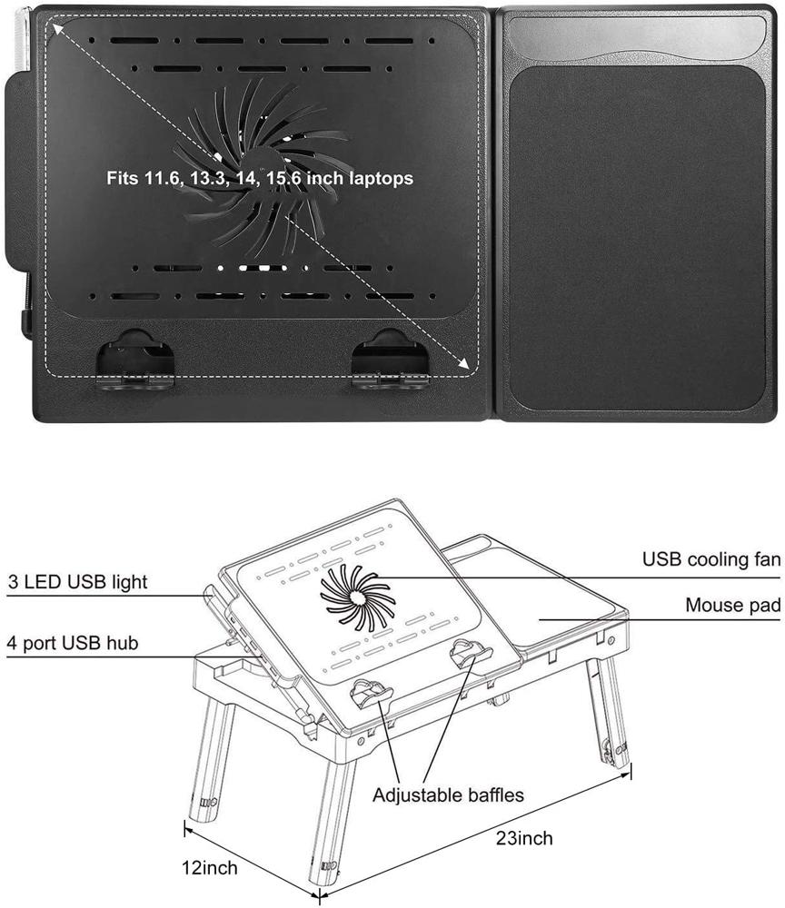  Moclever - Mesa para laptop para cama, multifuncional, con  ventilador de enfriamiento interno, 2 soportes independientes para laptop,  plegable, 3 alturas diferentes, lámpara LED, 4 puertos USB : Electrónica