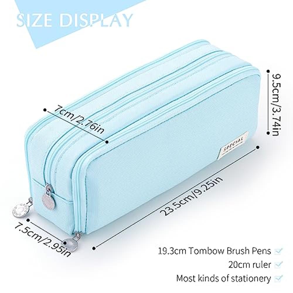 CICIMELON Pencil Case Large Capacity Pencil Pouch 3 Compartments Pencil Bag  Gift for Students Girls Adults Women (Light Blue)