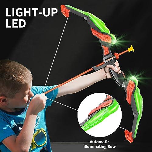 Muyoka Juego de tiro con arco y flecha para niños, juego de tiro con arco  con luz LED con 6 ventosas, flechas, objetivo y carcaj, flechas  desmontables para exteriores, juguetes para niños