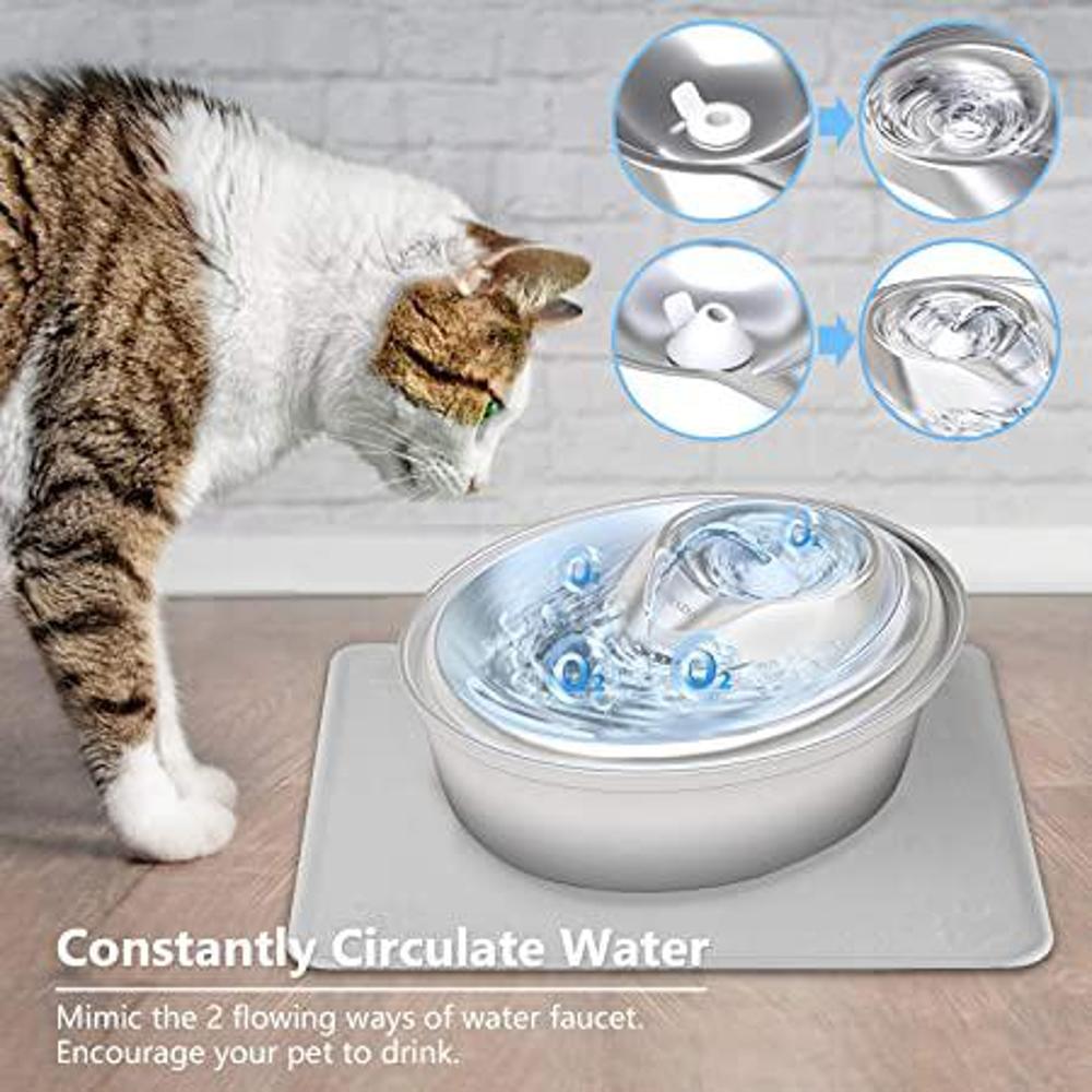 Fuente de Agua Para Gatos de Acero Inoxidable, 81 oz / 2,4 Litros LED para  Mascotas con 4 Filtros de Repuesto y 1 Alfombrilla de Silicona Para Gatos,  Perros Varias Mascotas (Con